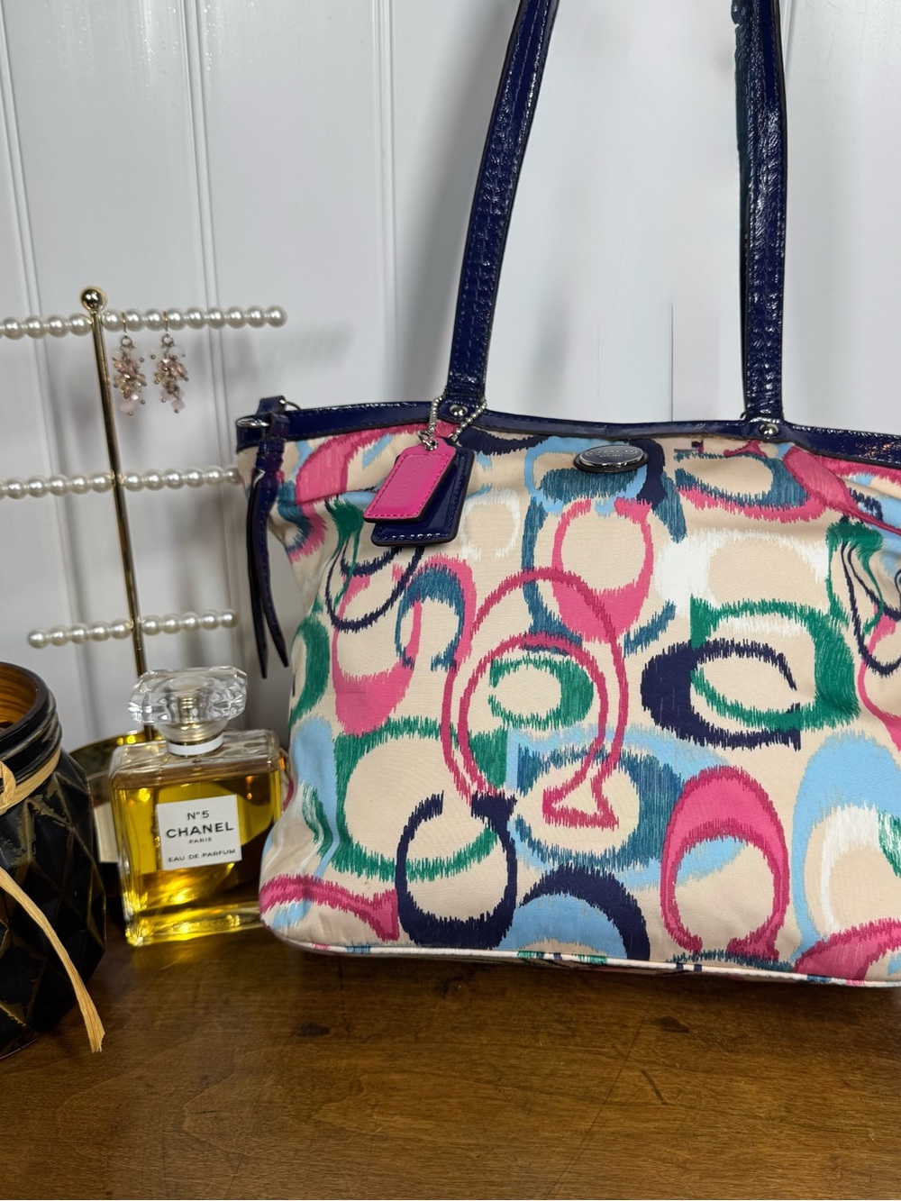 Coach Multicolor Print Tote with Navy Trim Summer Bag Y2K
